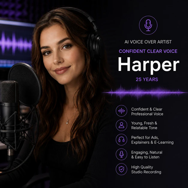 Confident clear AI voice perfect for news narration, announcements, explainers, and professional voiceovers.